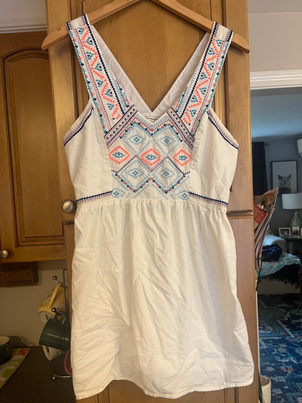 American Eagle Outfitters Vintage White Embroidered V-Neck Sleeveless Dress